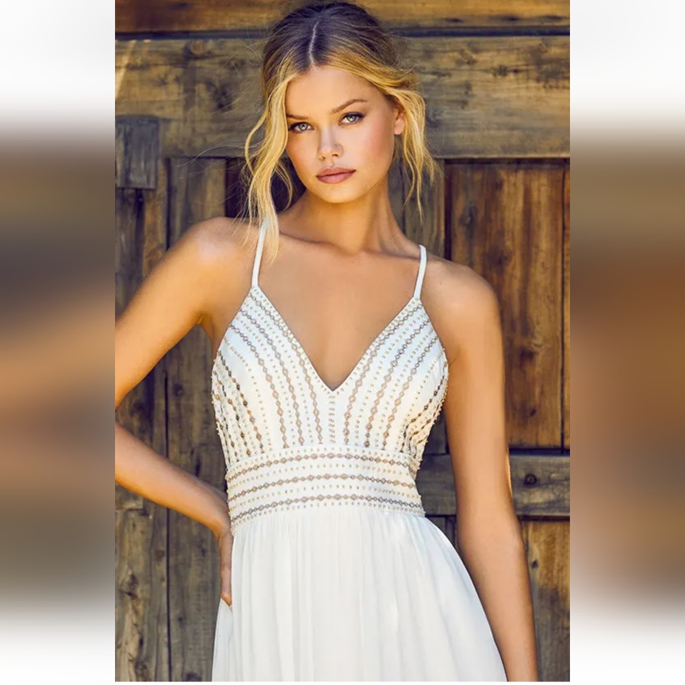 Lulu's Meet Me in Madrid White Beaded Maxi Dress
